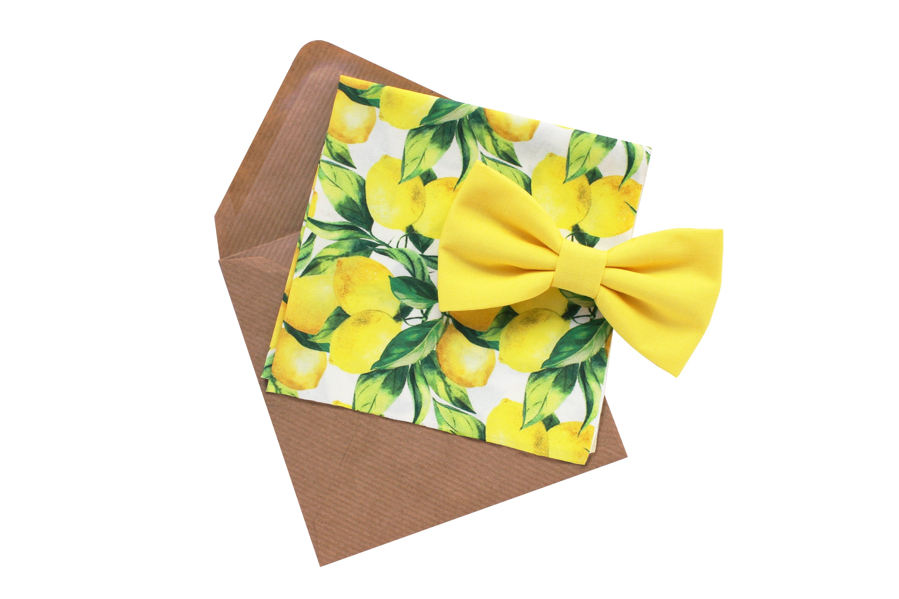 Papillon e fazzoletto giallo limone e fantasia con limoni,Papillon e pochette per uomo,matrimonio estate 2025, matrimonio a tema siciliano