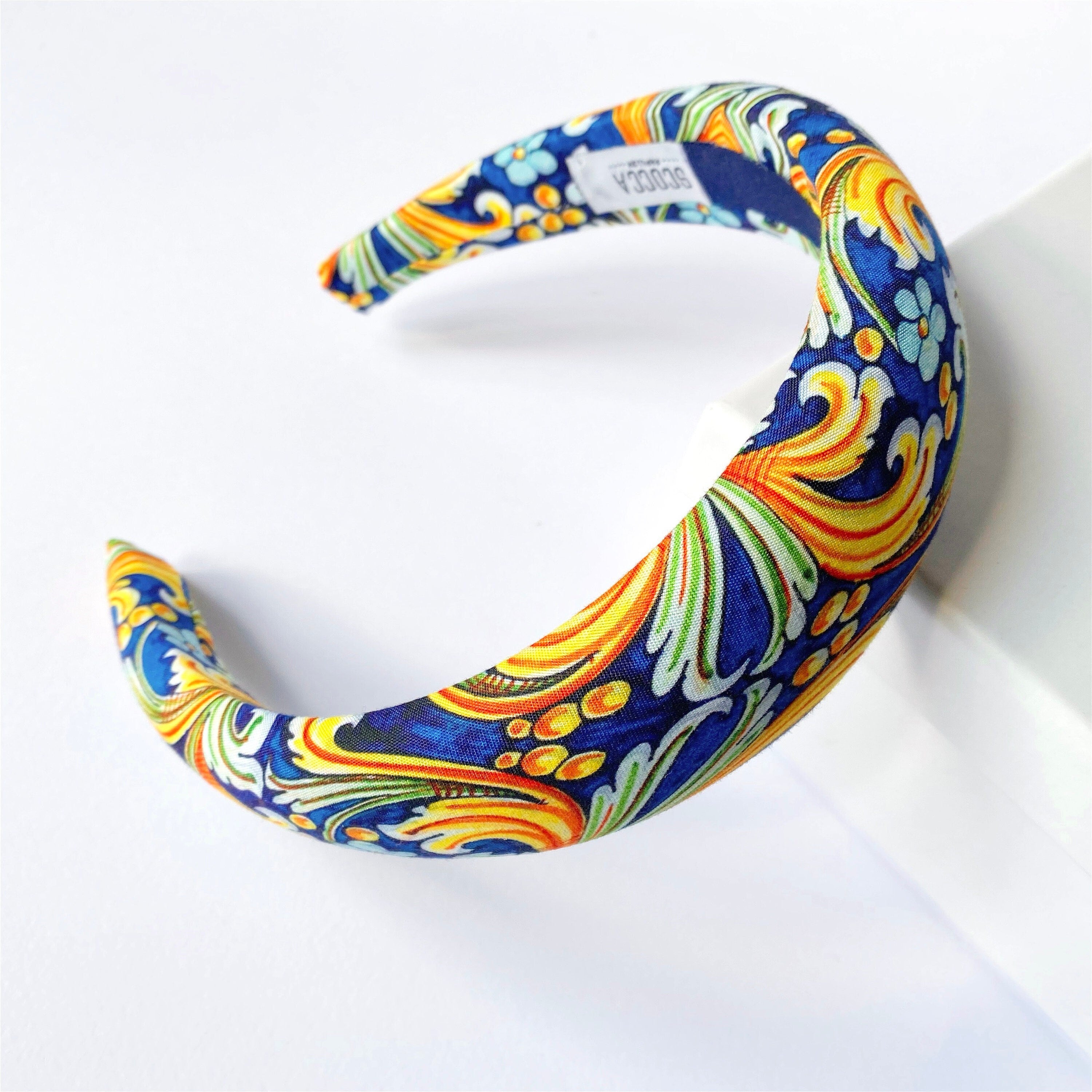 Cerchietto imbottito per donna, tessuto maiolica Caltagirone in stile siciliano. Cerchietto per capelli modello bombato, sicily style estate