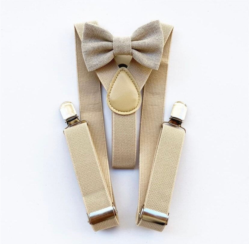Papillon beige e bretelle beige per bambino,farfallino color beige per bambino,bretelle per paggetto matrimonio,bretelle bimbo per battesimo