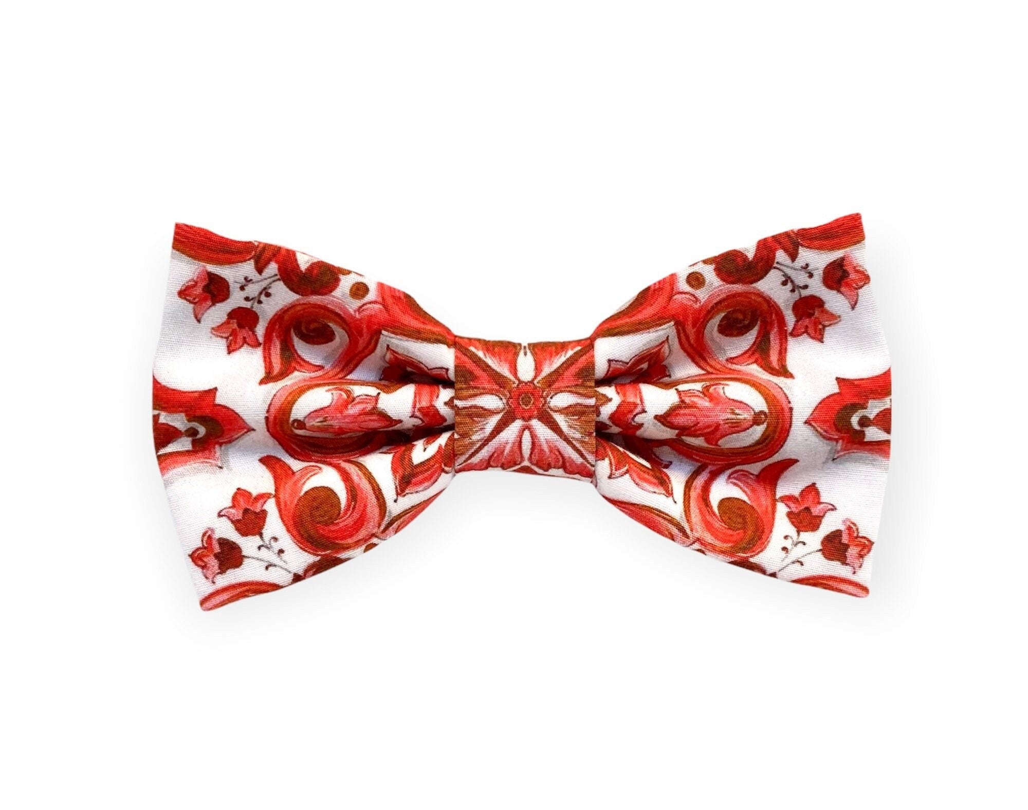 Papillon maiolica rosso bianco per uomo, papillon rosso stampa floreale,matrimonio,rosso corallo,testimoni,tessuto a fiori,stile siciliano