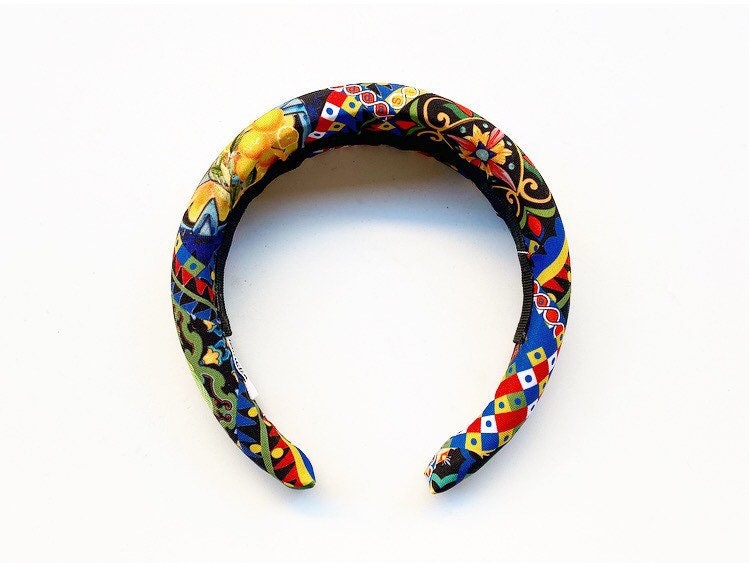 Cerchietto imbottito per donna, tessuto pattern folk in stile siciliano. Cerchietto per capelli modello bombato, tessuto personalizzato