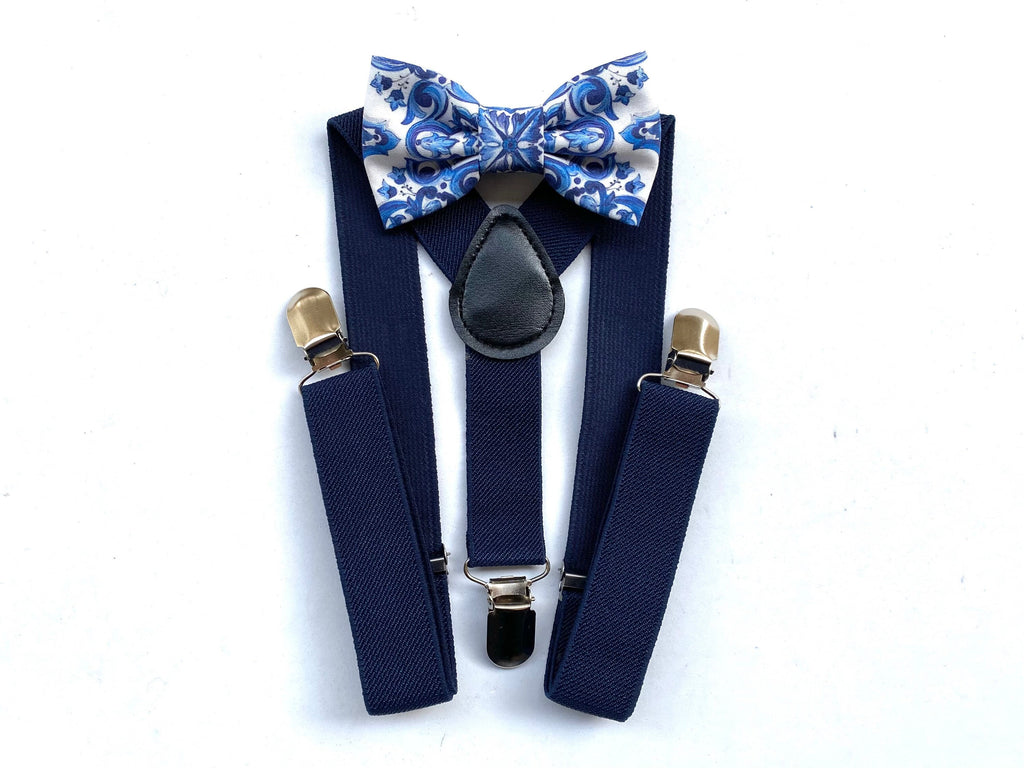 Papillon maiolica blu e bretelle blu per bambino,farfallino bimbo cerimonia,bretelle blu per paggetto matrimonio,bretelle bimbo,battesimo