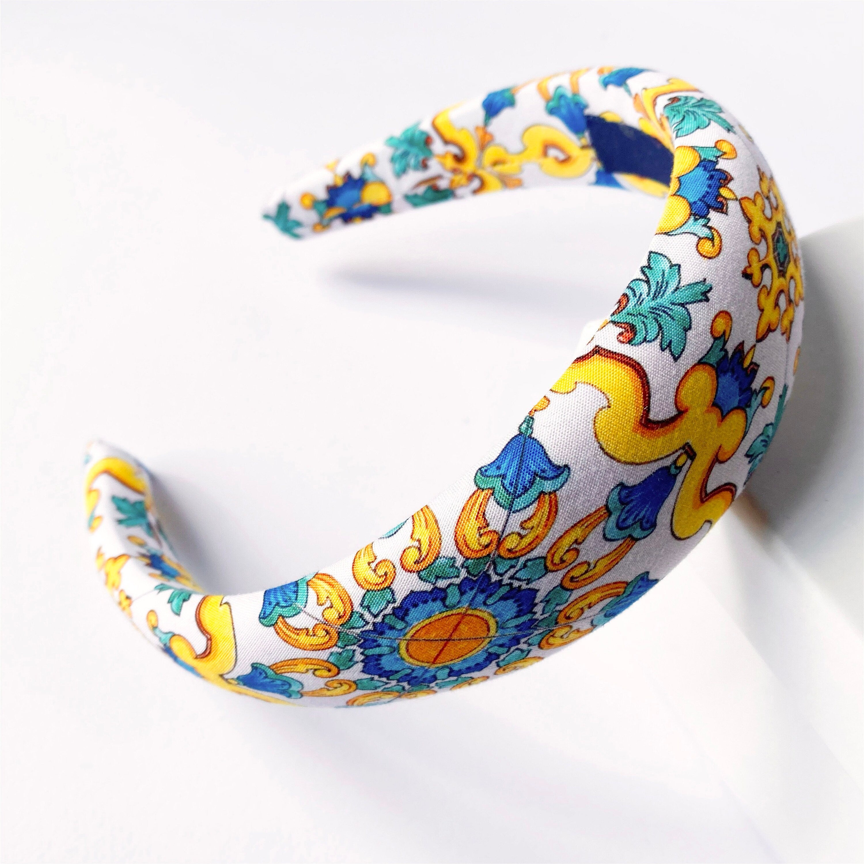 Cerchietto imbottito per donna, tessuto maiolica e limoni in stile siciliano. Cerchietto per capelli modello bombato, tessuto personalizzato
