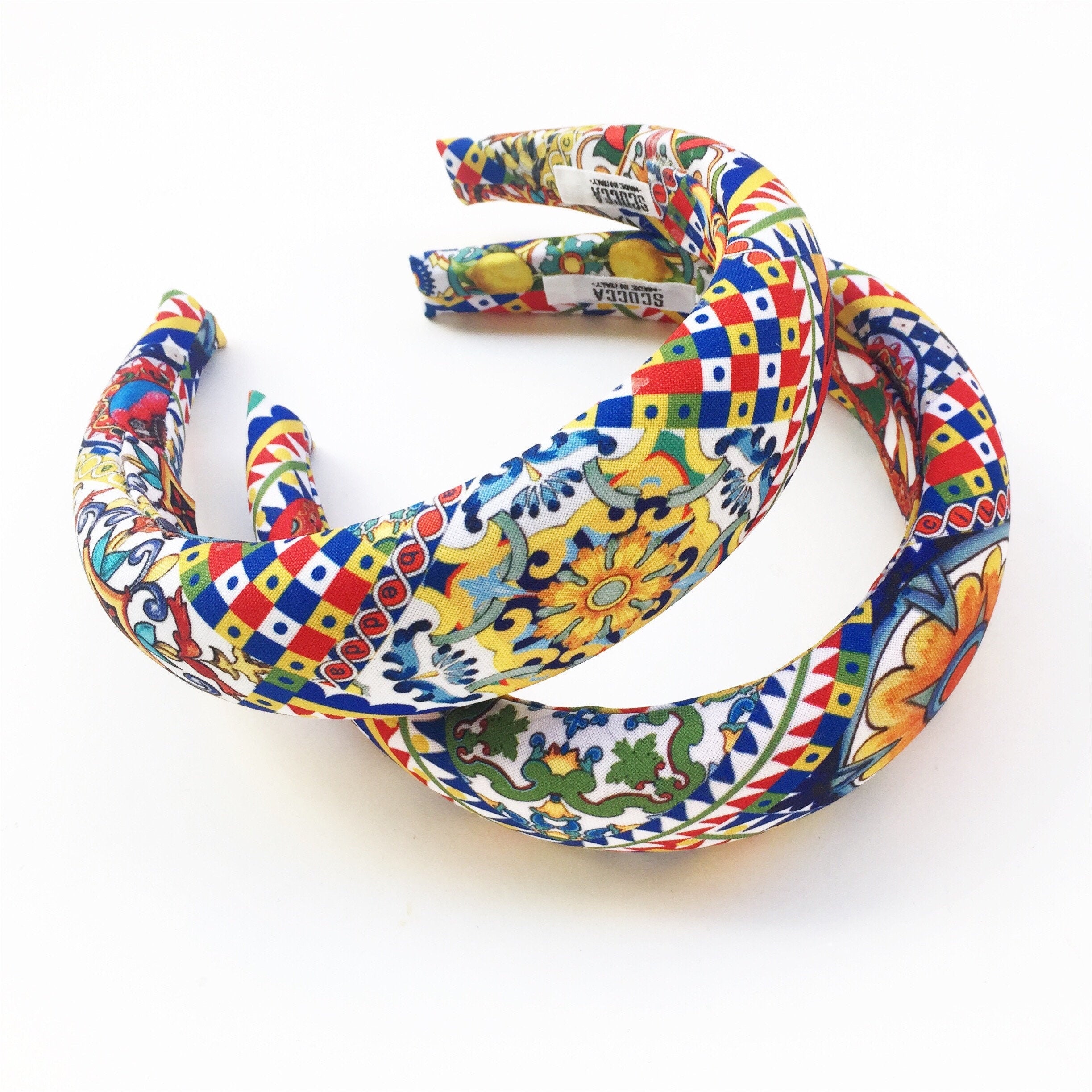 Cerchietto imbottito per donna, tessuto pattern folk in stile siciliano. Cerchietto per capelli modello bombato, tessuto personalizzato