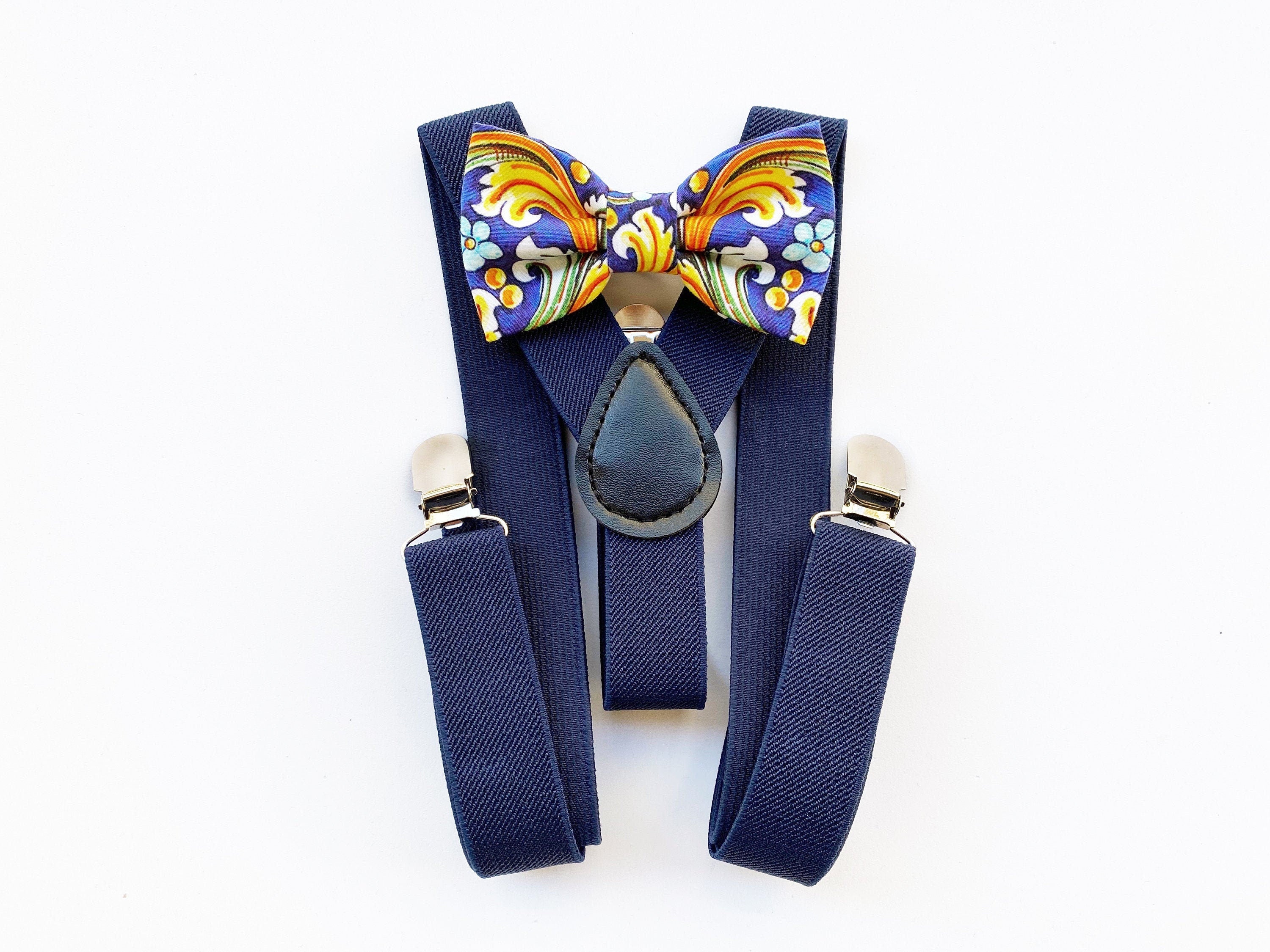 Papillon maiolica Caltagirone e bretelle blu per bambino, farfallino bimbo cerimonia, bretelle blu per paggetto matrimonio,bretelle bimbo