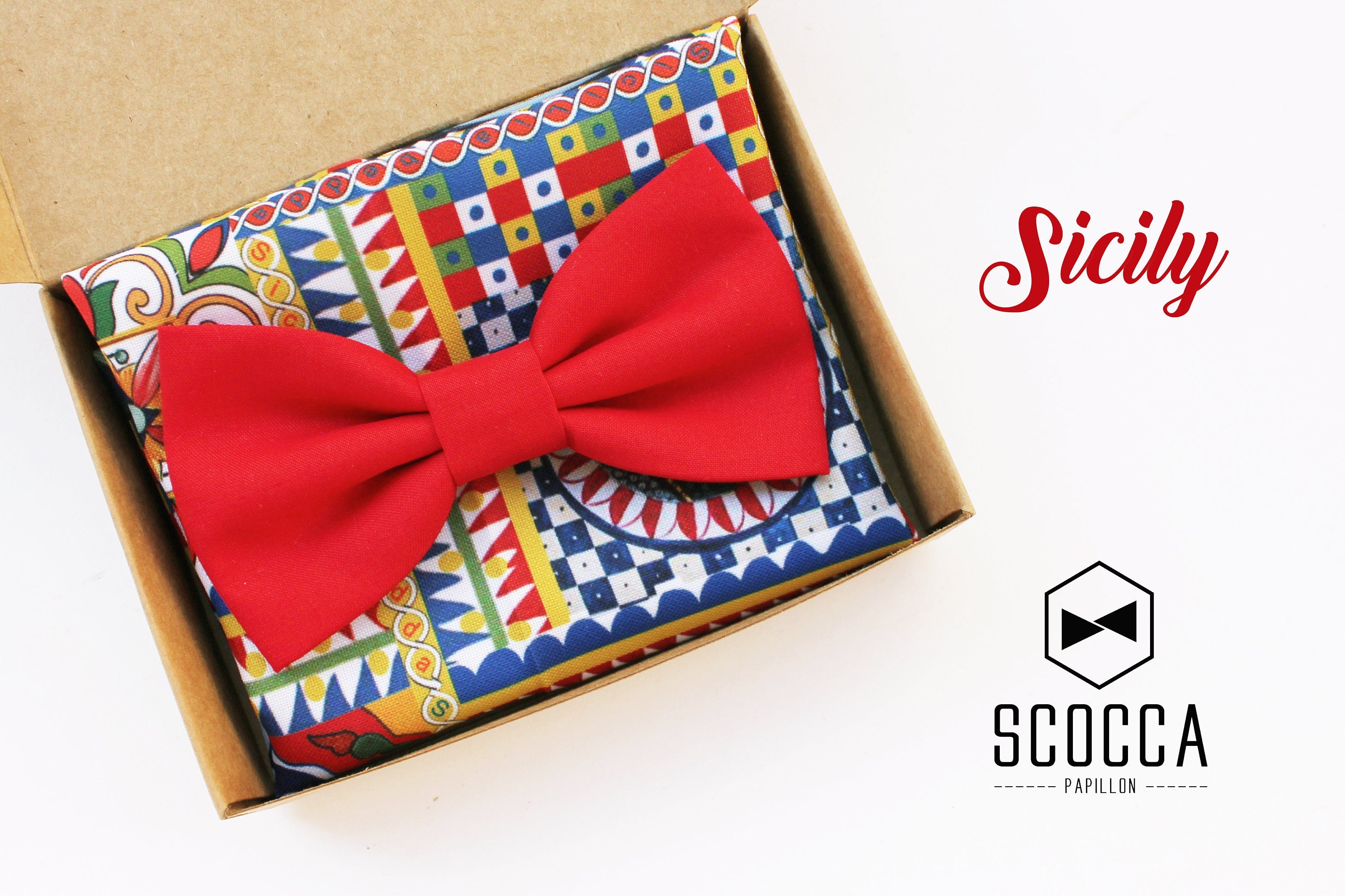 Papillon e Pochette stile siciliano,pattern decori carretto siciliano,matrimonio stile siciliano,idea regalo uomo accessori Sicilia sposi