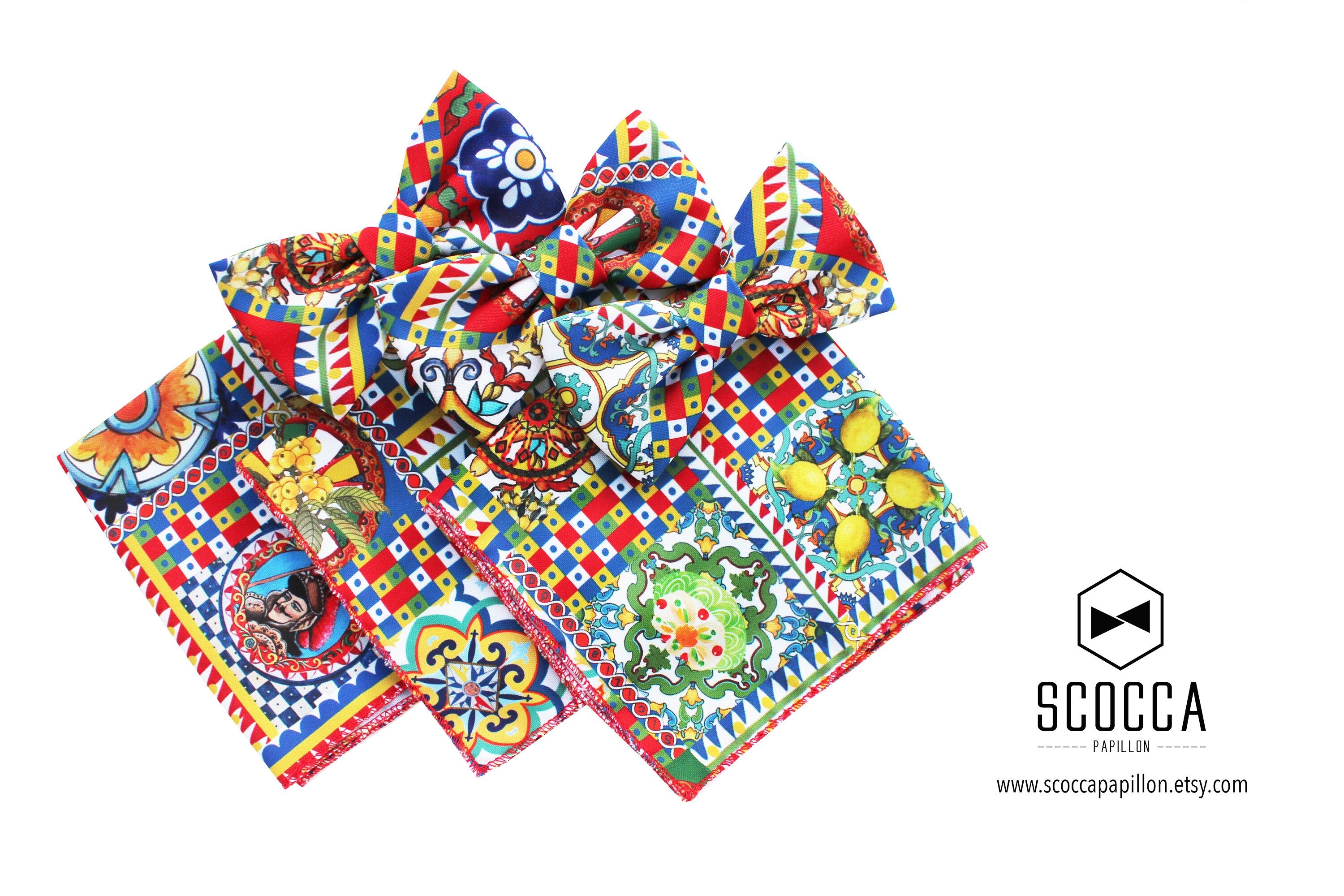 Papillon e Pochette stile siciliano,pattern decori carretto siciliano,matrimonio stile siciliano,idea regalo uomo accessori Sicilia sposi