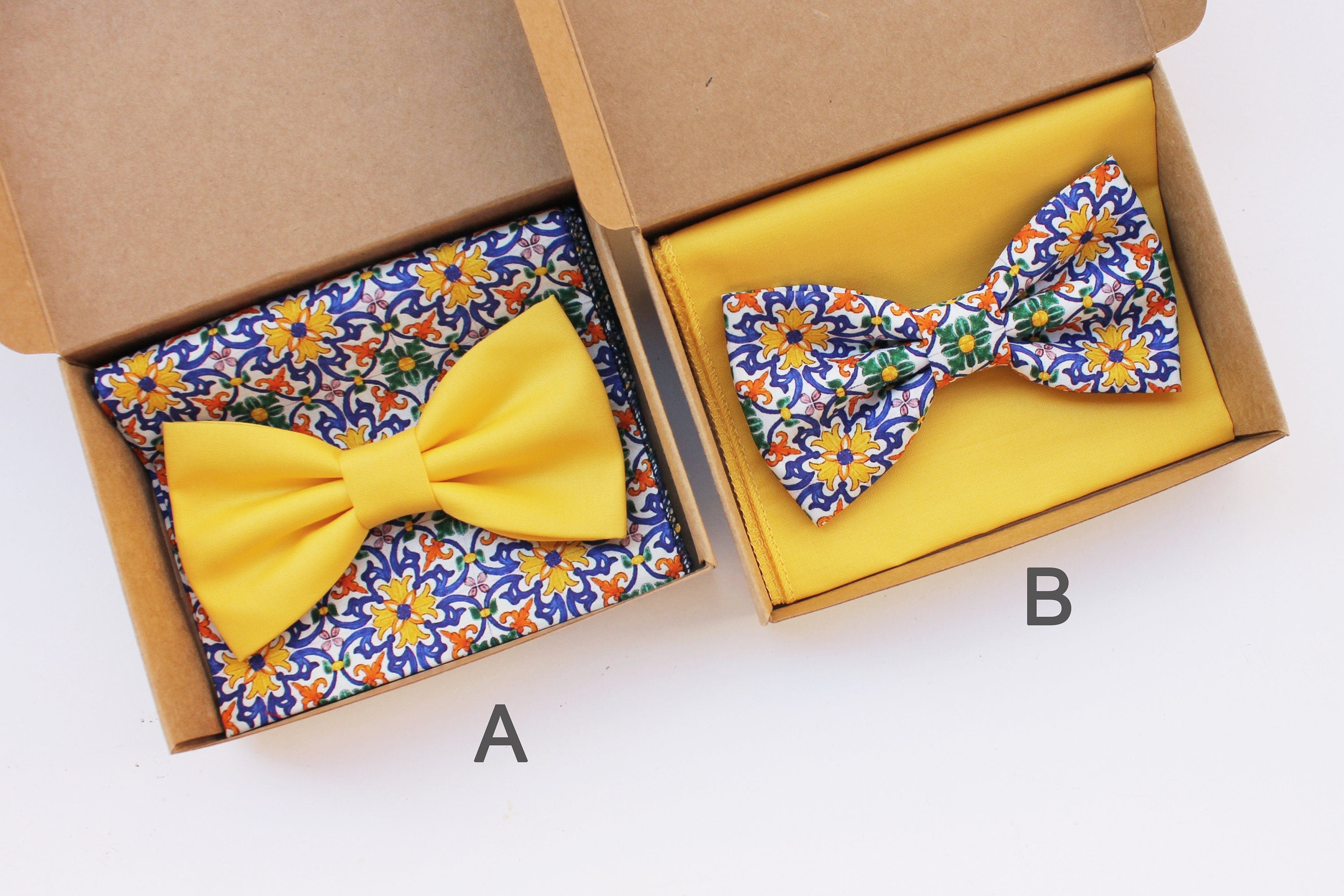 Papillon pattern maiolica floreale multicolore, con pochette giallo coordinato per uomo,regalo per uomo accessori in stile siciliano,sposo