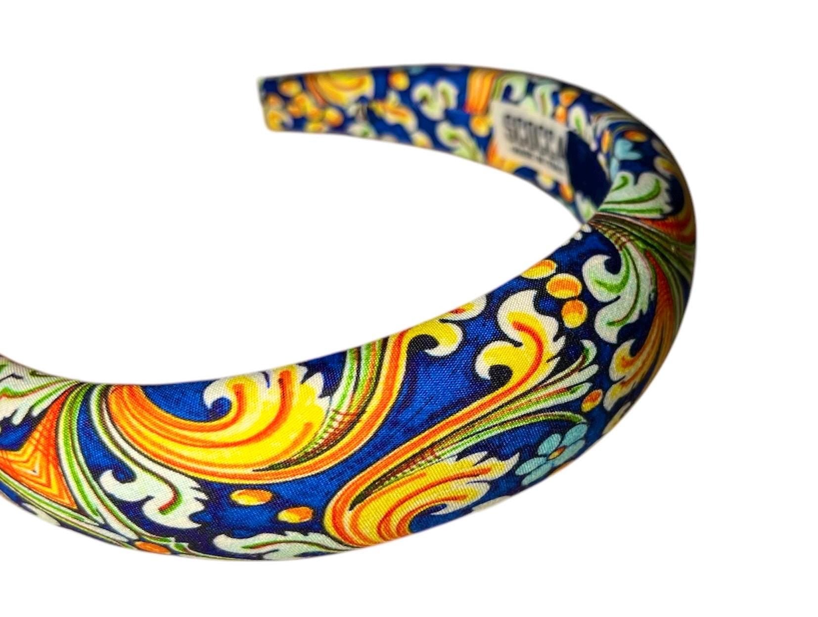 Cerchietto imbottito per donna, tessuto maiolica Caltagirone in stile siciliano. Cerchietto per capelli modello bombato, sicily style estate