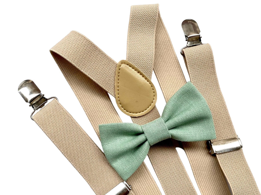 Papillon verde salvia e bretelle beige per bambino,farfallino verde per bambino,bretelle per paggetto matrimonio,bretelle bimbo,battesimo