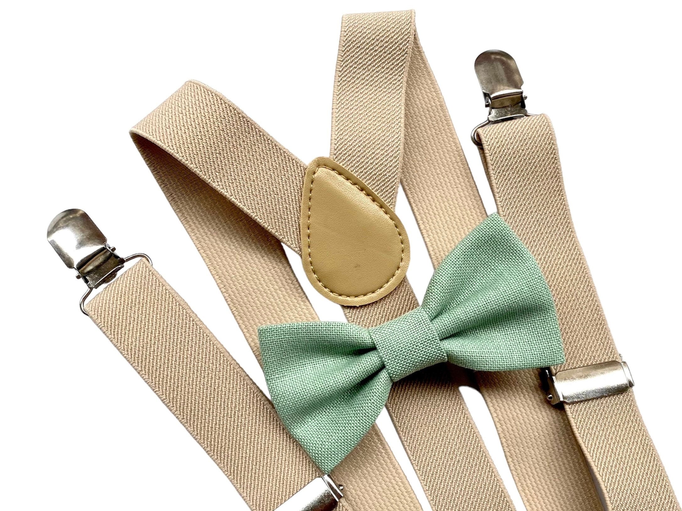Papillon verde salvia e bretelle beige per bambino,farfallino verde per bambino,bretelle per paggetto matrimonio,bretelle bimbo,battesimo