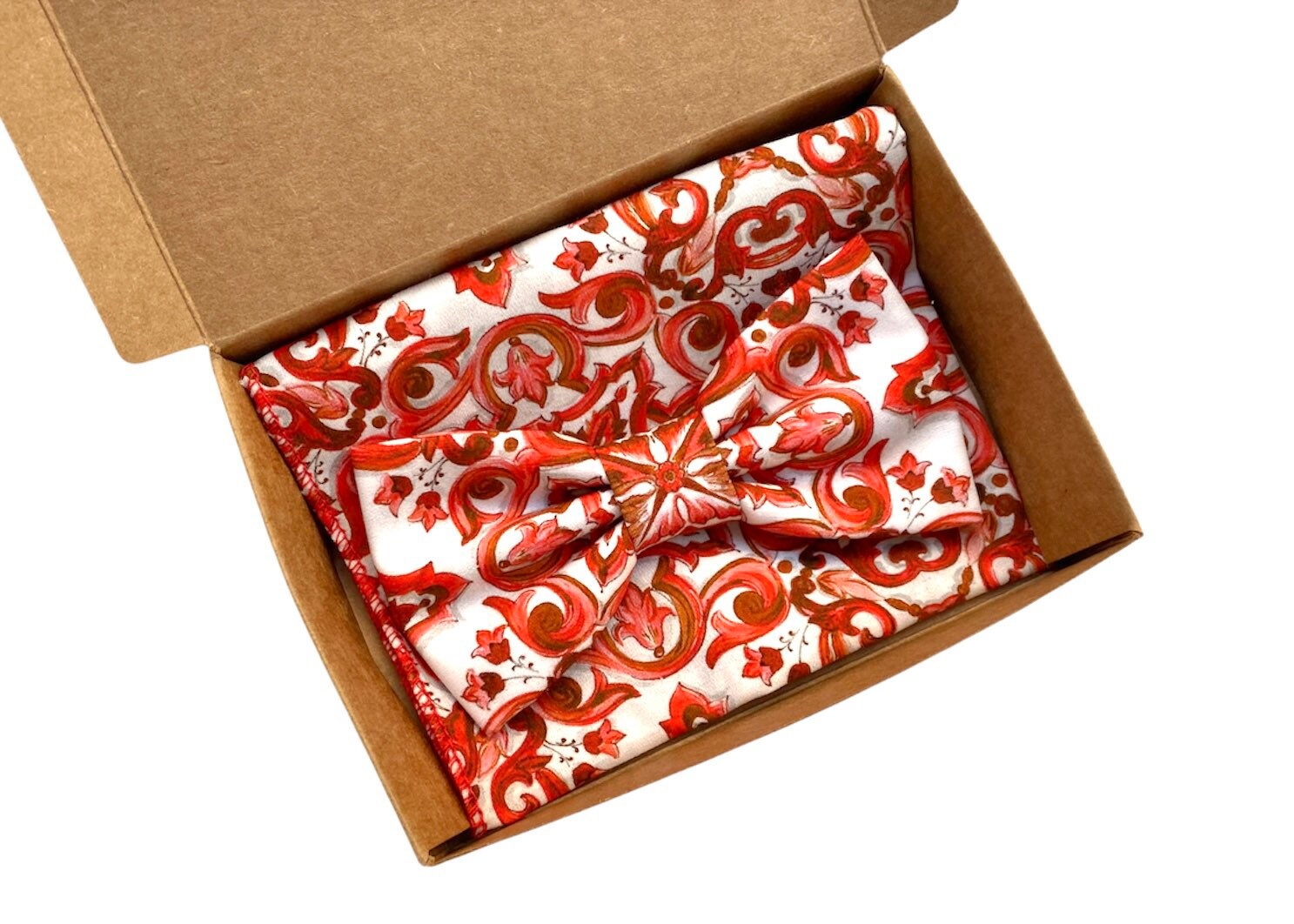 Papillon e pochette maiolica rosso e bianco, papillon sposo,idea regalo da uomo,accessori per lui,cerimonia uomo 2025 matrimonio siciliano