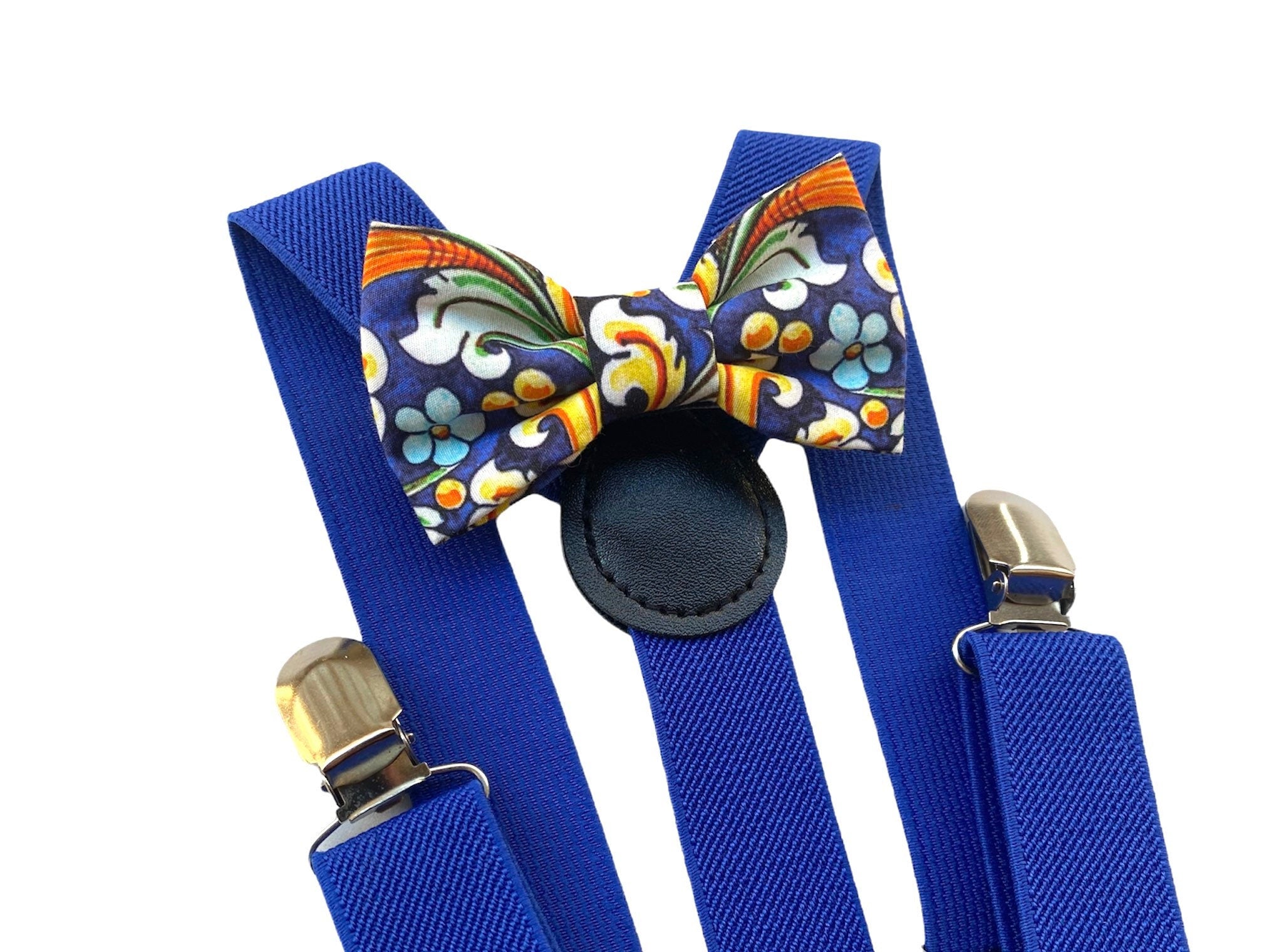 Papillon e bretelle per bambino, papillon maiolica per bambino e bretelle blu per paggetto matrimonio,bretelle per battesimo,cerimonia bimbo
