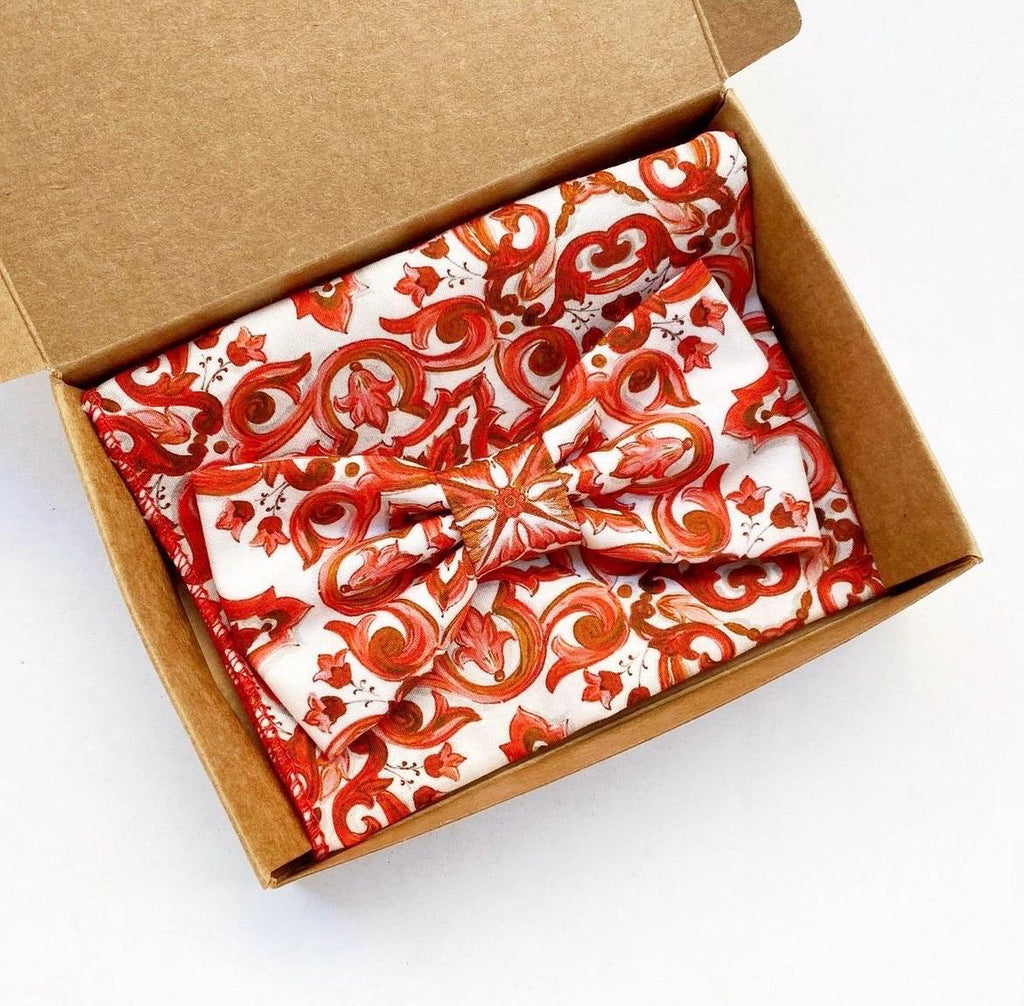 Papillon maiolica rosso bianco per uomo, papillon rosso stampa floreale,matrimonio,rosso corallo,testimoni,tessuto a fiori,stile siciliano