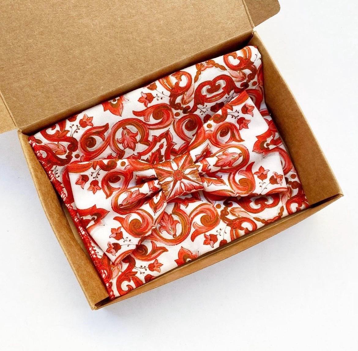 Papillon maiolica rosso bianco per uomo, papillon rosso stampa floreale,matrimonio,rosso corallo,testimoni,tessuto a fiori,stile siciliano