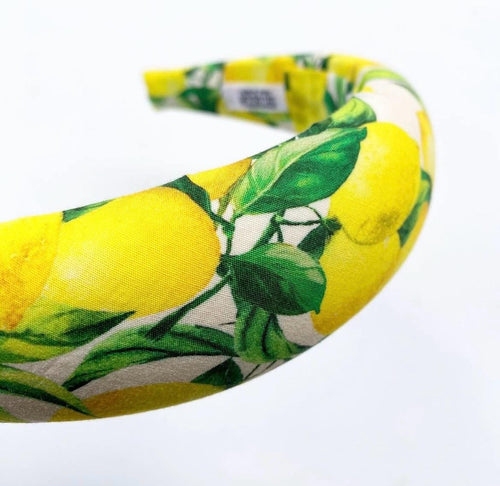 Bandeau rembourré pour femme, tissu imprimé citron Sorrento, bandeau arrondi, tissu personnalisé, jaune citron