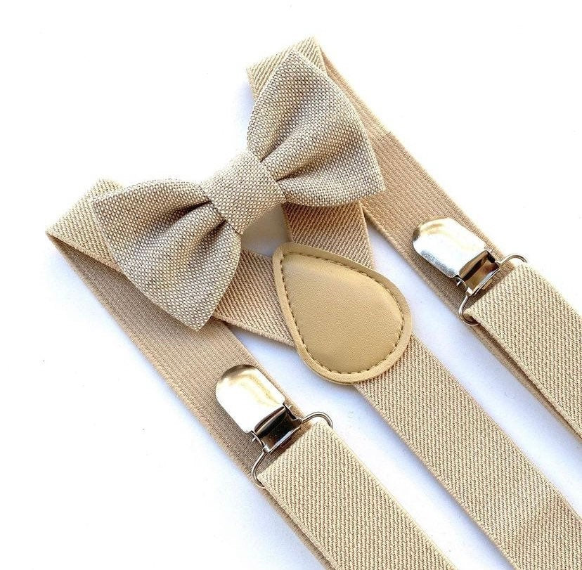 Papillon beige e bretelle beige per bambino,farfallino color beige per bambino,bretelle per paggetto matrimonio,bretelle bimbo per battesimo