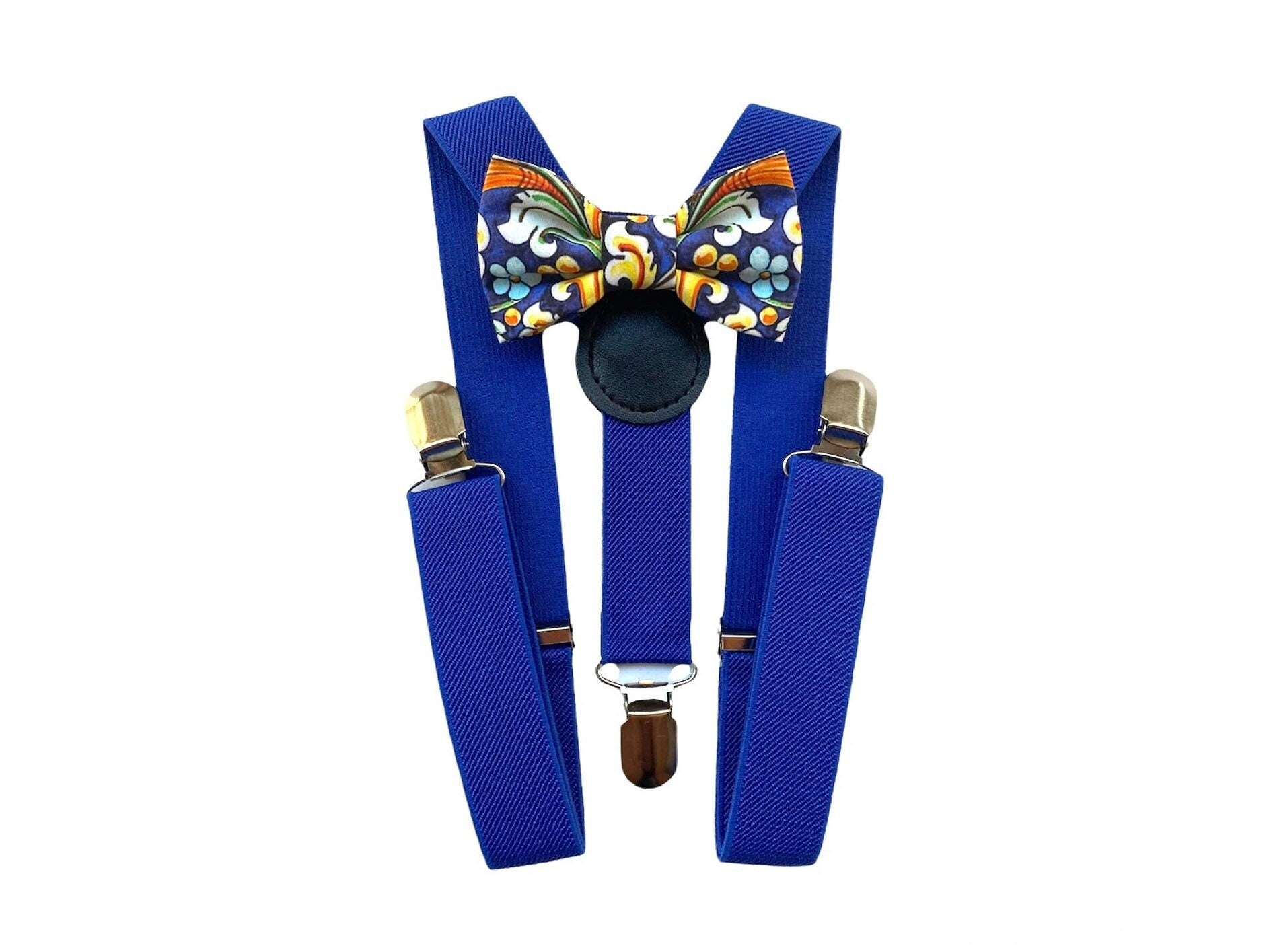 Papillon e bretelle per bambino, papillon maiolica per bambino e bretelle blu per paggetto matrimonio,bretelle per battesimo,cerimonia bimbo