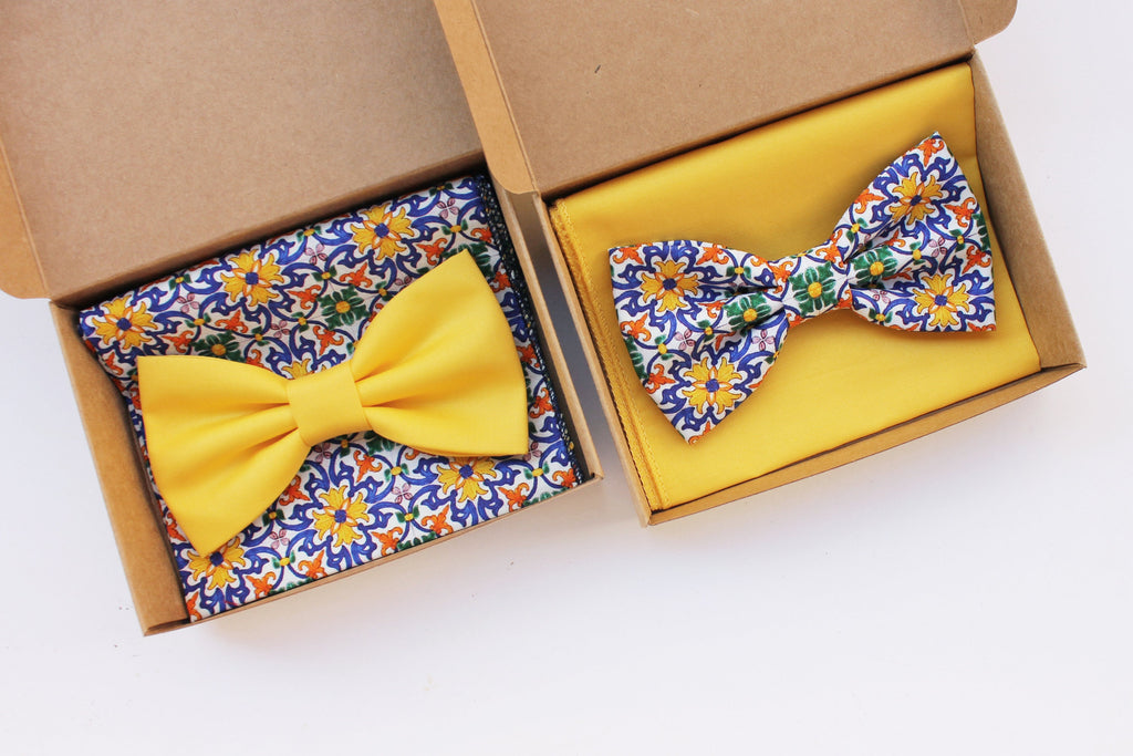 Papillon pattern maiolica floreale multicolore, con pochette giallo coordinato per uomo,regalo per uomo accessori in stile siciliano,sposo
