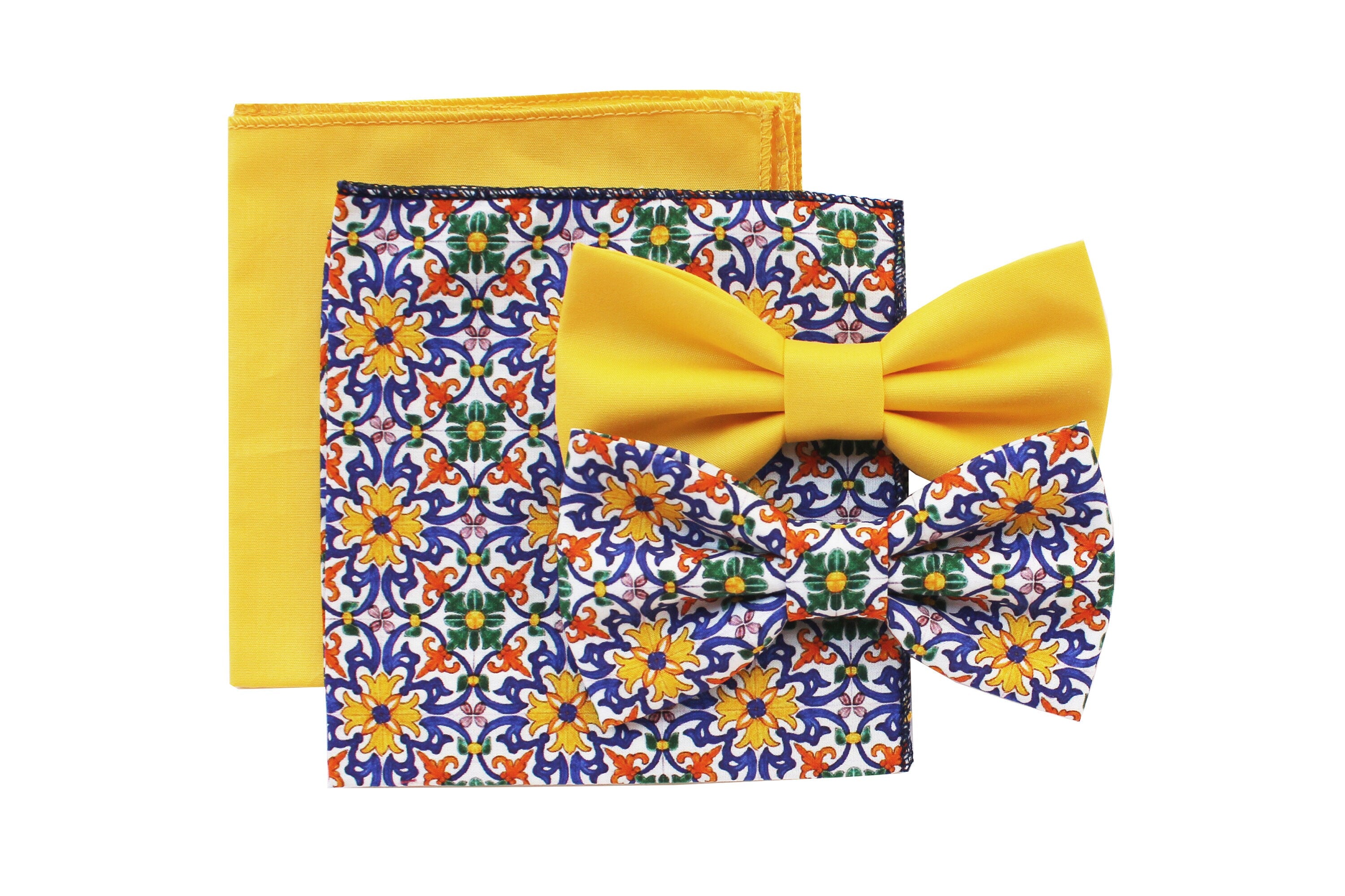 Papillon pattern maiolica floreale multicolore, con pochette giallo coordinato per uomo,regalo per uomo accessori in stile siciliano,sposo